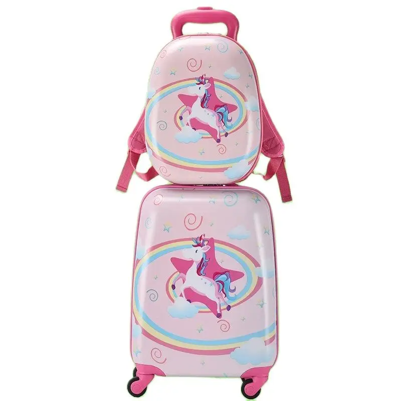 KO-KU Children Boarding Rrolley Case 13 and 18 Inch Universal Wheel Cartoon Pattern Luggage Students Schoolbag Trolley Set