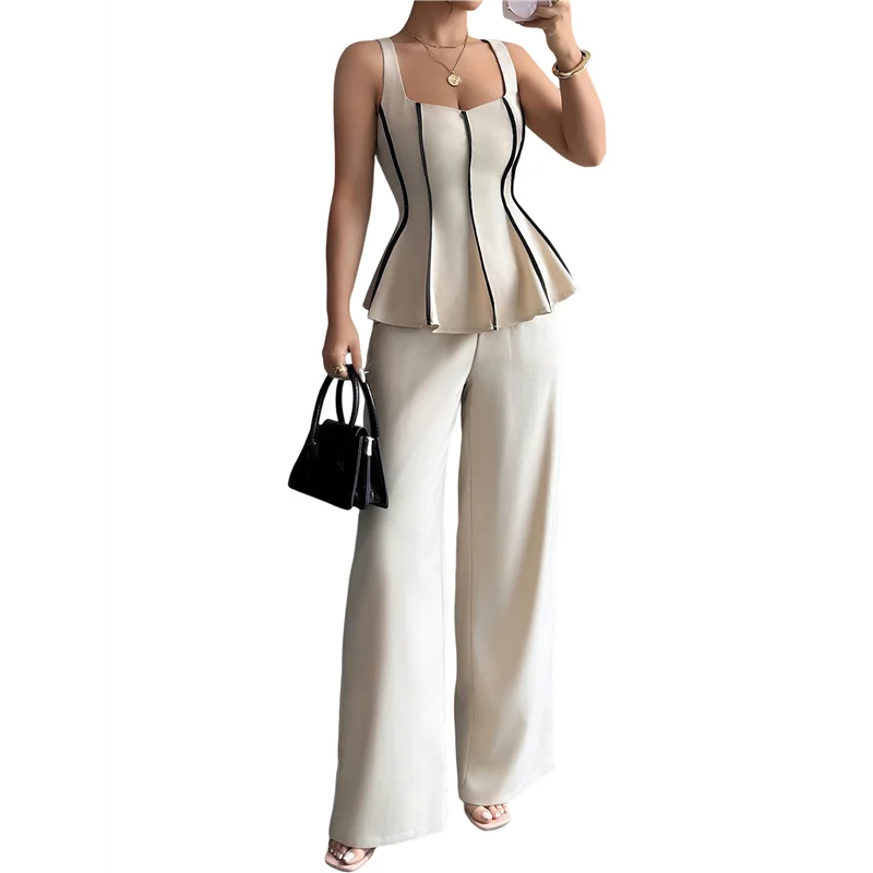 CYL-レディースカジュアルビジネスサマー2ピーススーツスリムフィットエレガントベスト＆ワイドレッグパンツスーツ