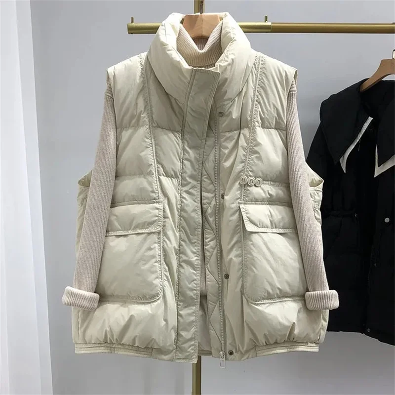 

European Women Short Down Cotton Vest 2023 Autumn Winter New Korean Version Loose Stand-Up Collar White Down Waistcoat Female