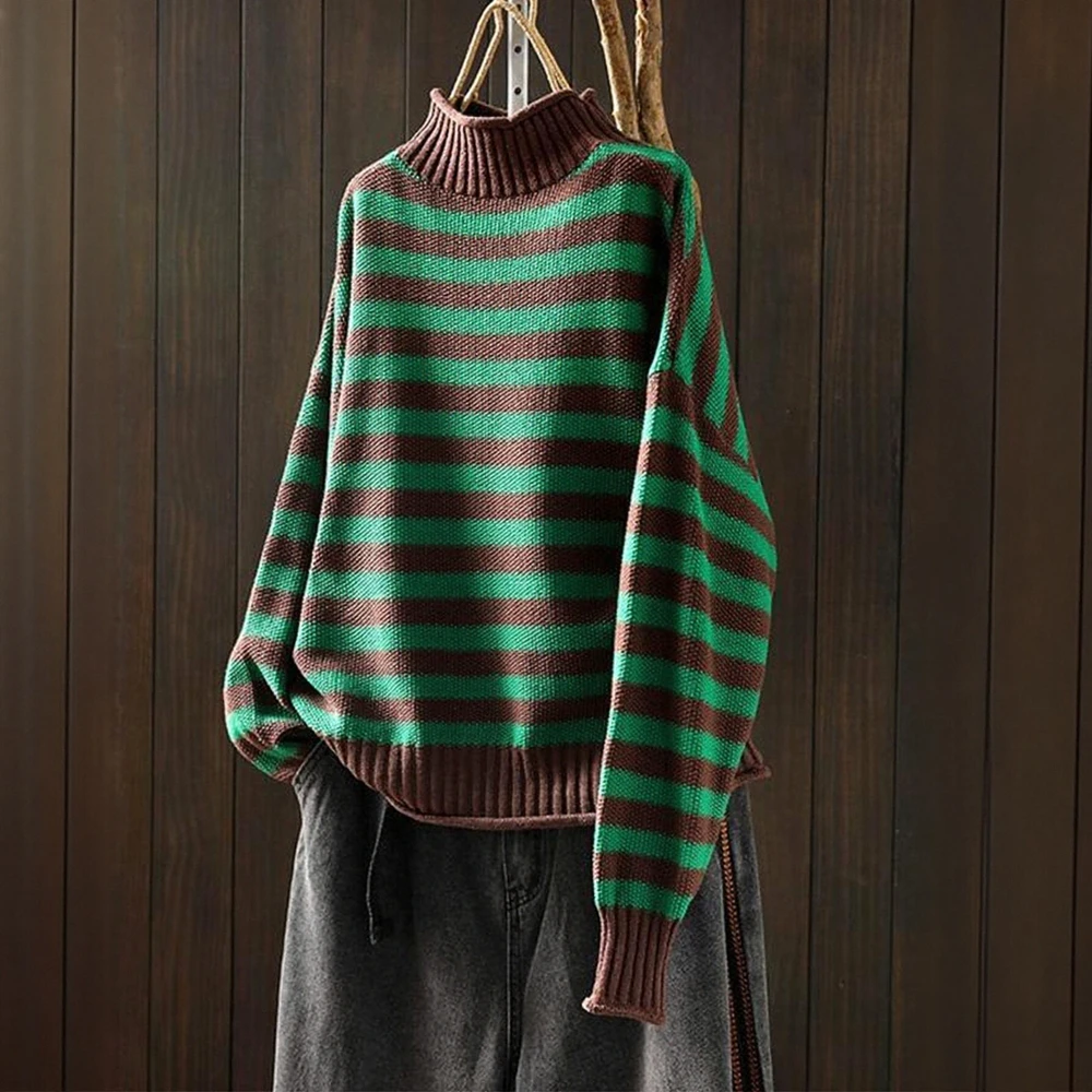 

Women's Chic High Neck Striped Sweater Autumn Winter Casual Long Sleeve Elegant Daily Fashion