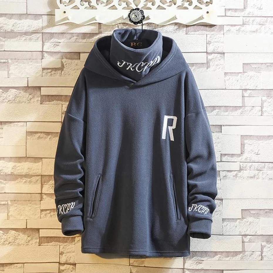 Harajuku Y2K Hoodie Streetwear Hip Hop Sweatshirts High Neck Windproof Pullovers Letter Embroidery Techwear Tops Black Hoodies