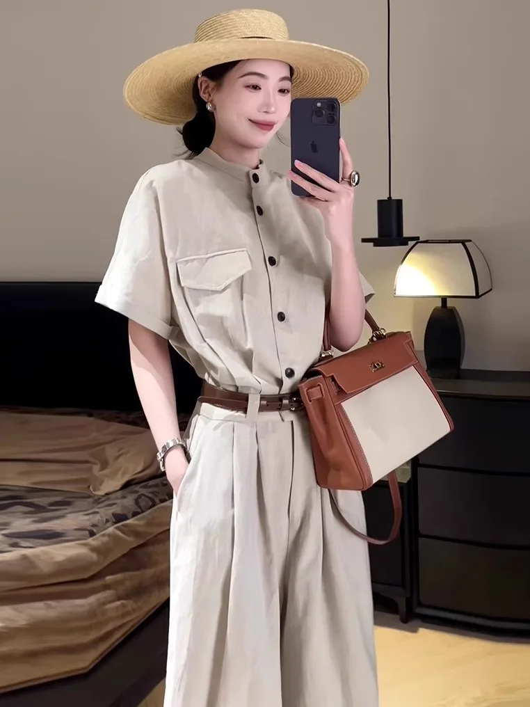 Ele Katoen Linnen Wijde Pijpen Jumpsuit Dames Los Drapey Feel Zomer 2025, Nieuwe Sle Faionable Eendelige Broek