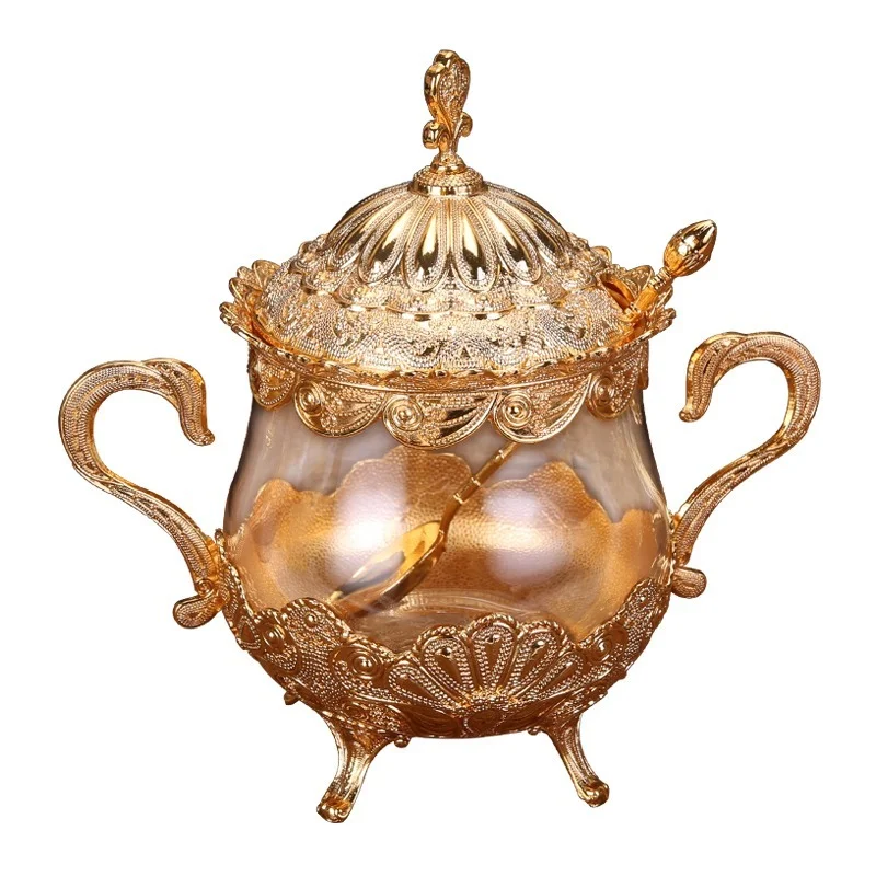 

Classical Gilded Glass Storage Jar Hollow Golden Handicraft Decoration Home Candy Coffee Beans Nut Kitchen Supplies