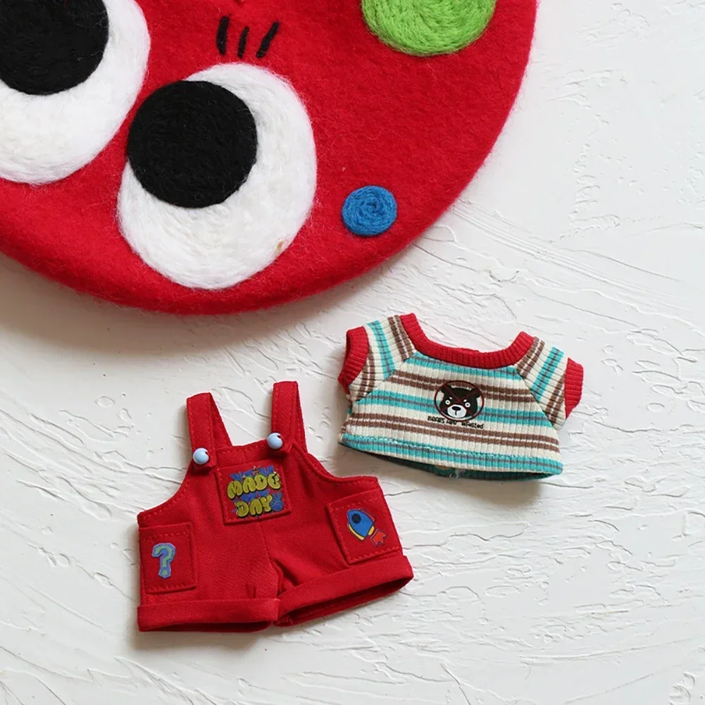Per 15-17 cm Labubu V1 V2 V3 Vestiti per bambole Mini bella tuta rossa e T-shirt a righe Accessori per bambole