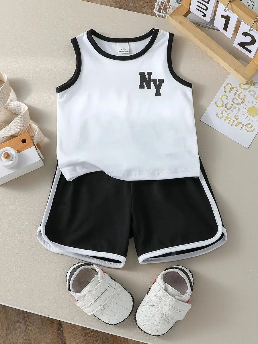 صيف 2025 جديد للأطفال إلكتروني طباعة بلون سترة دون أكمام وشورت بدلة رياضية غير رسمية قطعتين