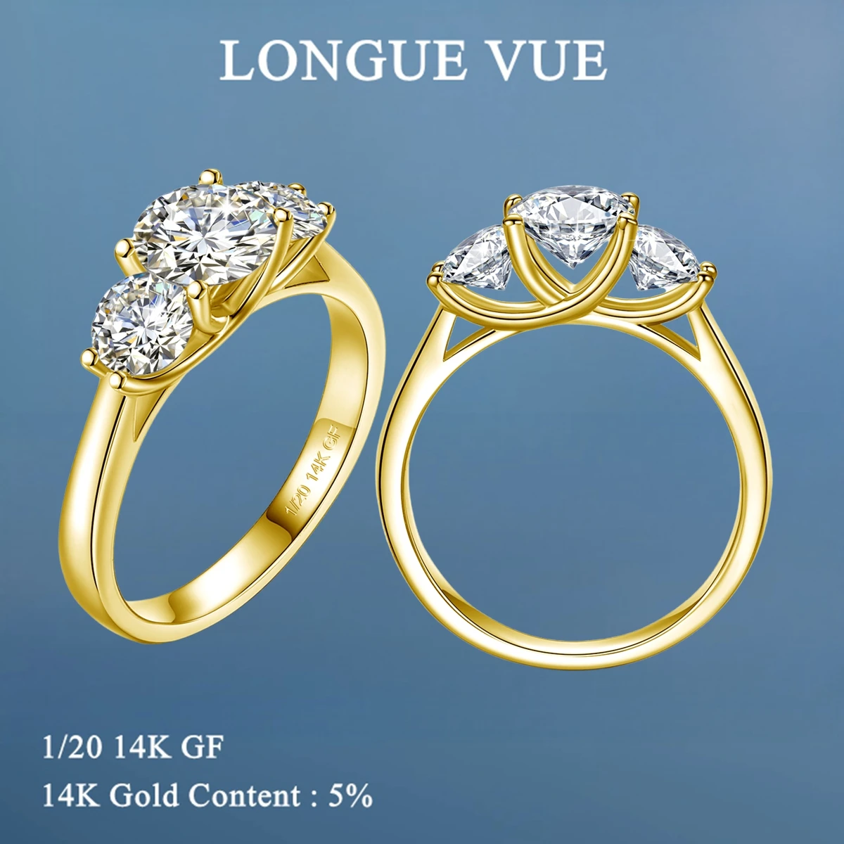 Waterproof 14K Gold Filled Three Stone Wedding Ring D Color Moissanite Luxury Engagement Ring Custom Jewelry Wholesale
