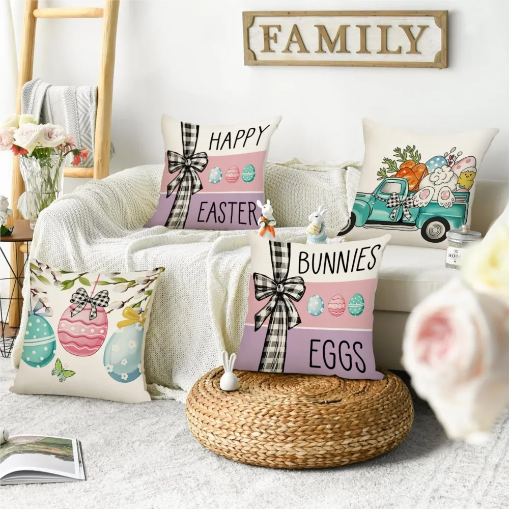4pcs Spring Easter Happy Throw Pillow, Cute Rabbit, Plant Flowers, Double-Sided Printed Design, Soft Plush Cushion with Insert