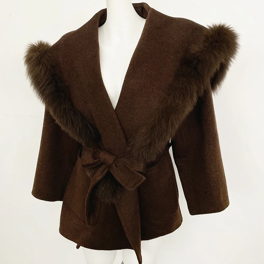 OFTBUY Neue Luxus-Winterkleidung für Damen, Naturpelz, 100% Wollmantel, großer Echtfuchspelzkragen, Gürteljacke für Damen – Detail 7