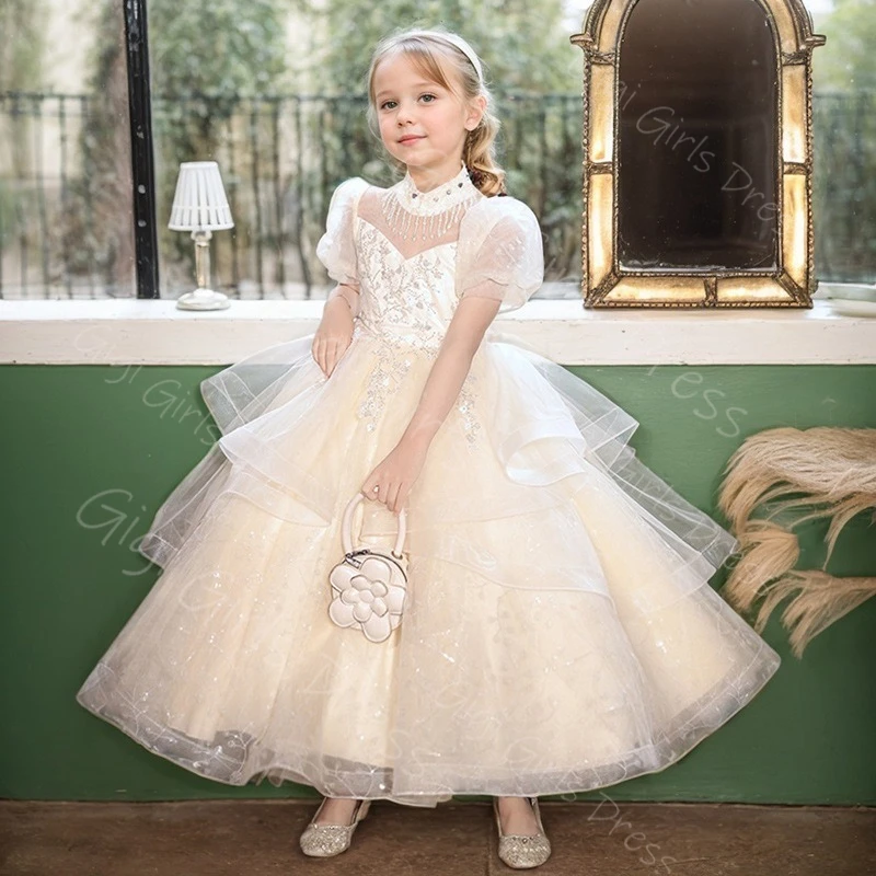 فستان الأميرة بطول الكاحل للفتيات برقبة عالية وأكمام قصيرة فستان فتاة الزهور مطرز بالدانتيل لحفلات أعياد الميلاد مخصص