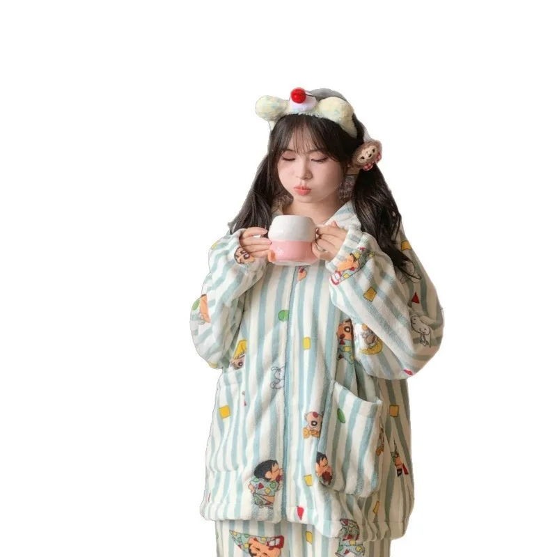 Kawaii Crayon shin-chan pyjamas Anime fille mignon dessin animé hiver épaissir garder au chaud manches longues pantalon découpable maison costume ensemble nouveau
