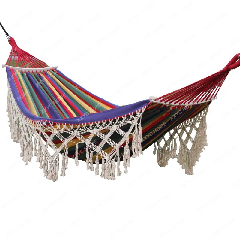 Nordic Style Outdoor Large Hammock with Wooden Stick Park Courtyard Leisure Sleeping Anti-Rollover Double Single Lazy Swing