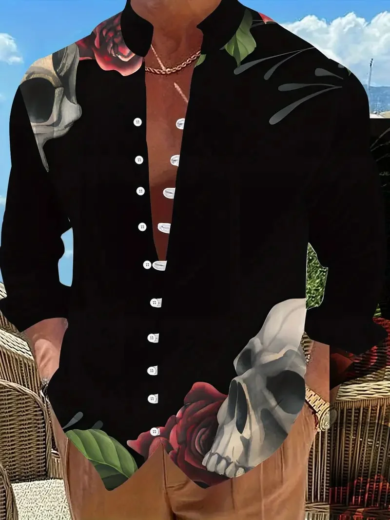 Men Linen Shirts New Print Button Shirt Fashion Stand Up Collar Loose Men's Shirts Streetwear Casual Beach