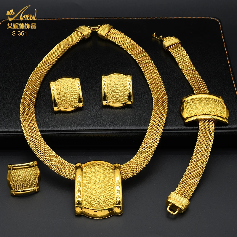 ANIID African Gold Color Jewelry Set For Women Indian Choker Necklace Earring Nigerian 24K Gold Plated Jewellery Dubai Wedding