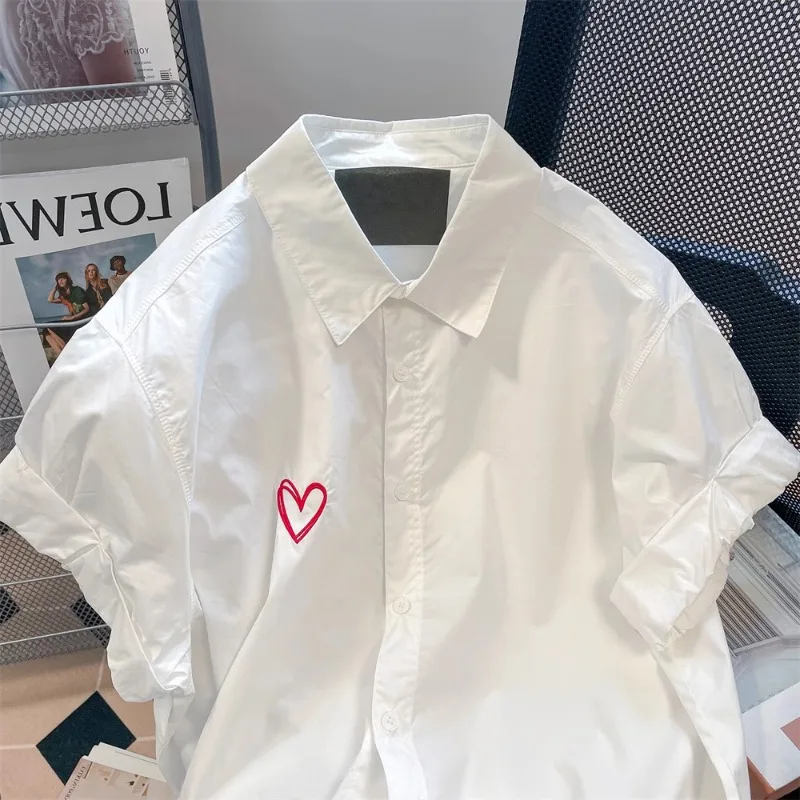 Blusas Mujer 2024 Oversize Shoulder Top Japanese Retro Heart Embroidered Short Sleeved Shirt White Men Women Summer Blouse