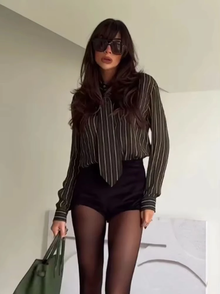 

Women Chic Stripes Casual Shirt Long Sleeves Lapel Single Breasted Tie Decoration Tops Woman Fashion Loose Slim Street Shirt