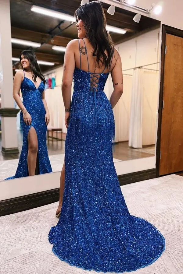 Double Spaghetti Straps Evening Dress Lace-up Back Sequins Mermaid Long Prom Dress with Tassel for Formal Occasions