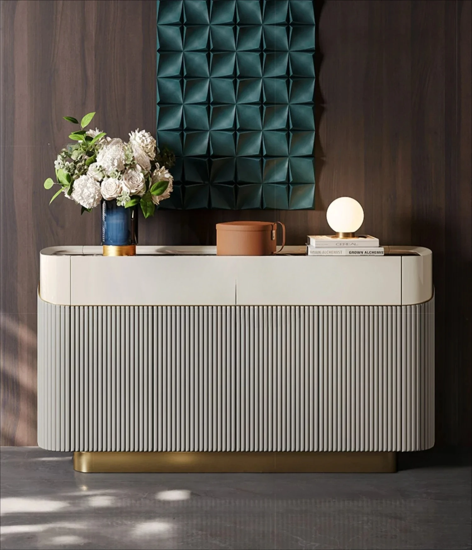 

Light luxury six-bucket cabinet marble high-grade paint TV cabinet storage cabinet