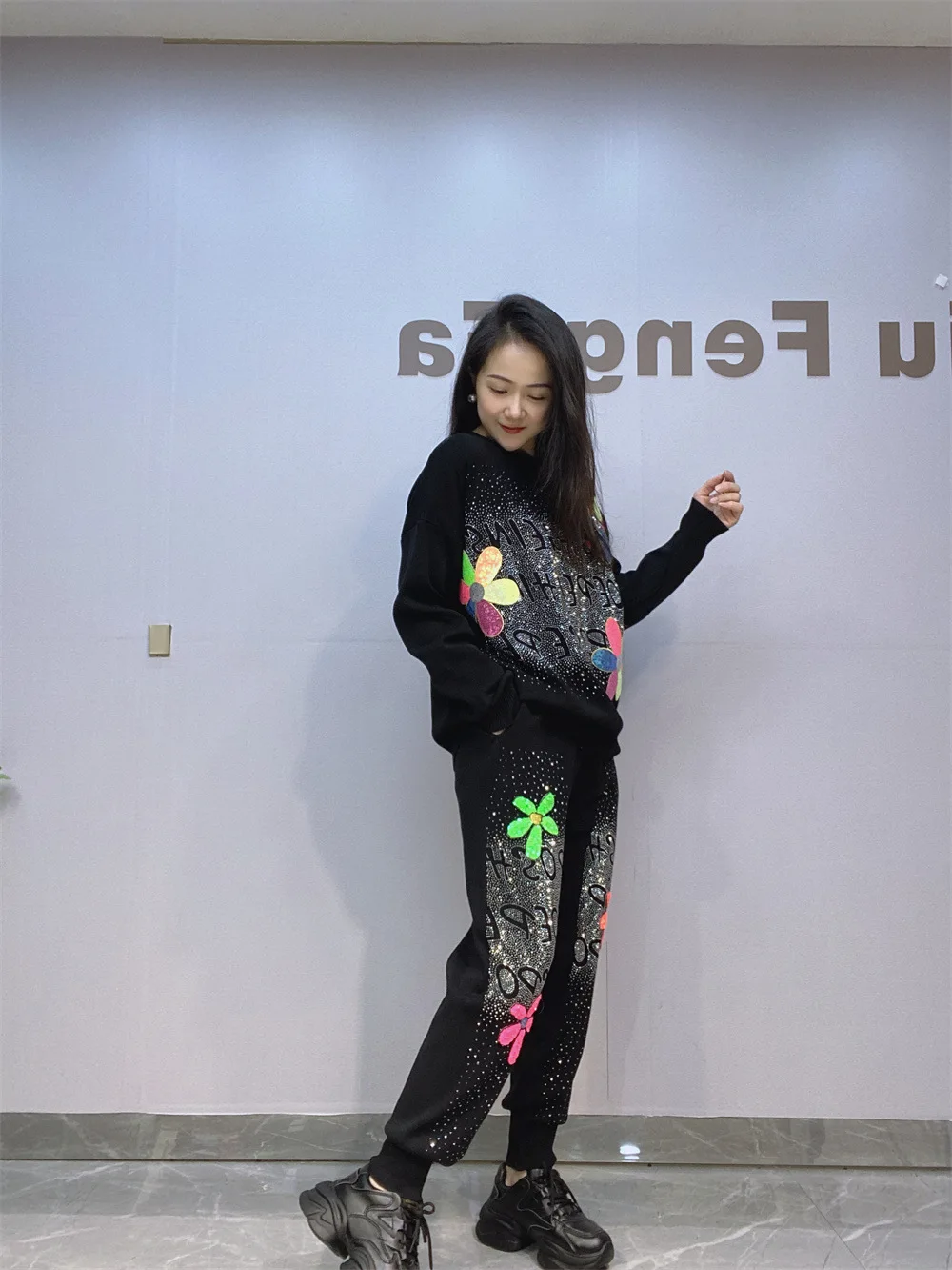 Flower Sequins Knitted Pencil Pants Sets Oversized 2 Pieces Women Outfits Y2k Clothes 2024 Autumn Casual Long Seleve Sweatershir