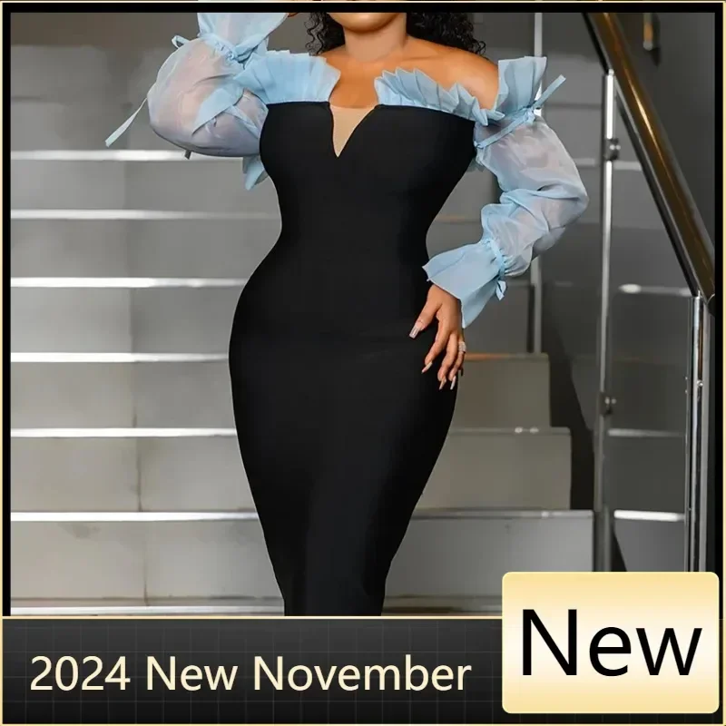 Robe mi-longue élégante pour femmes, robes de Rhpour filles noires, tenues de club de fête, vêtements sexy, batterie noire, été, 2025