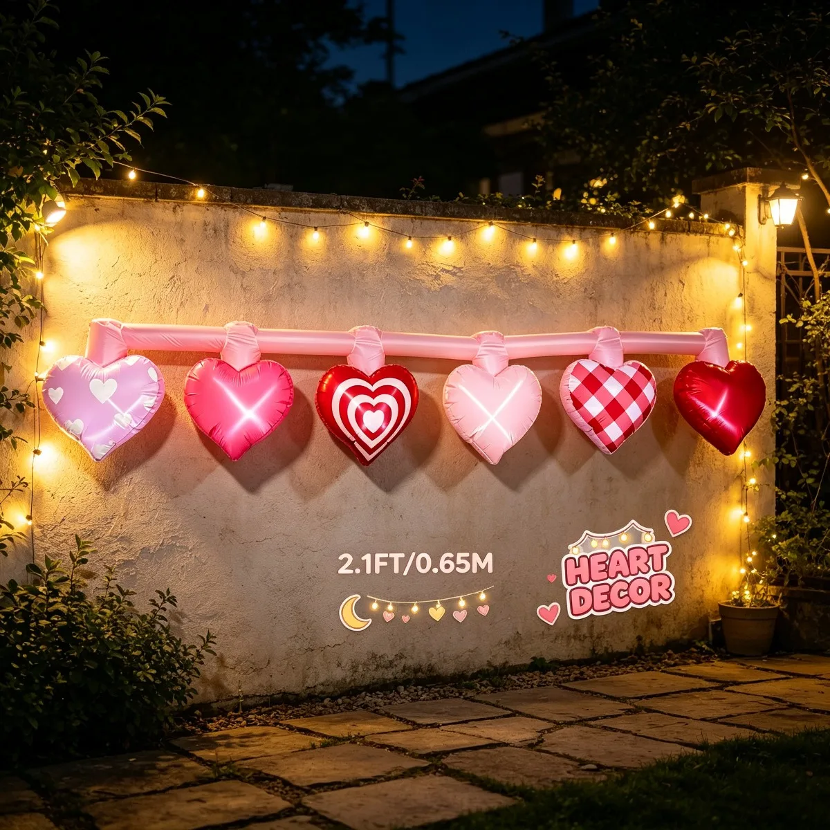 Hanging Heart Garland Inflatable Toys LED Light Valentine Fence Decor