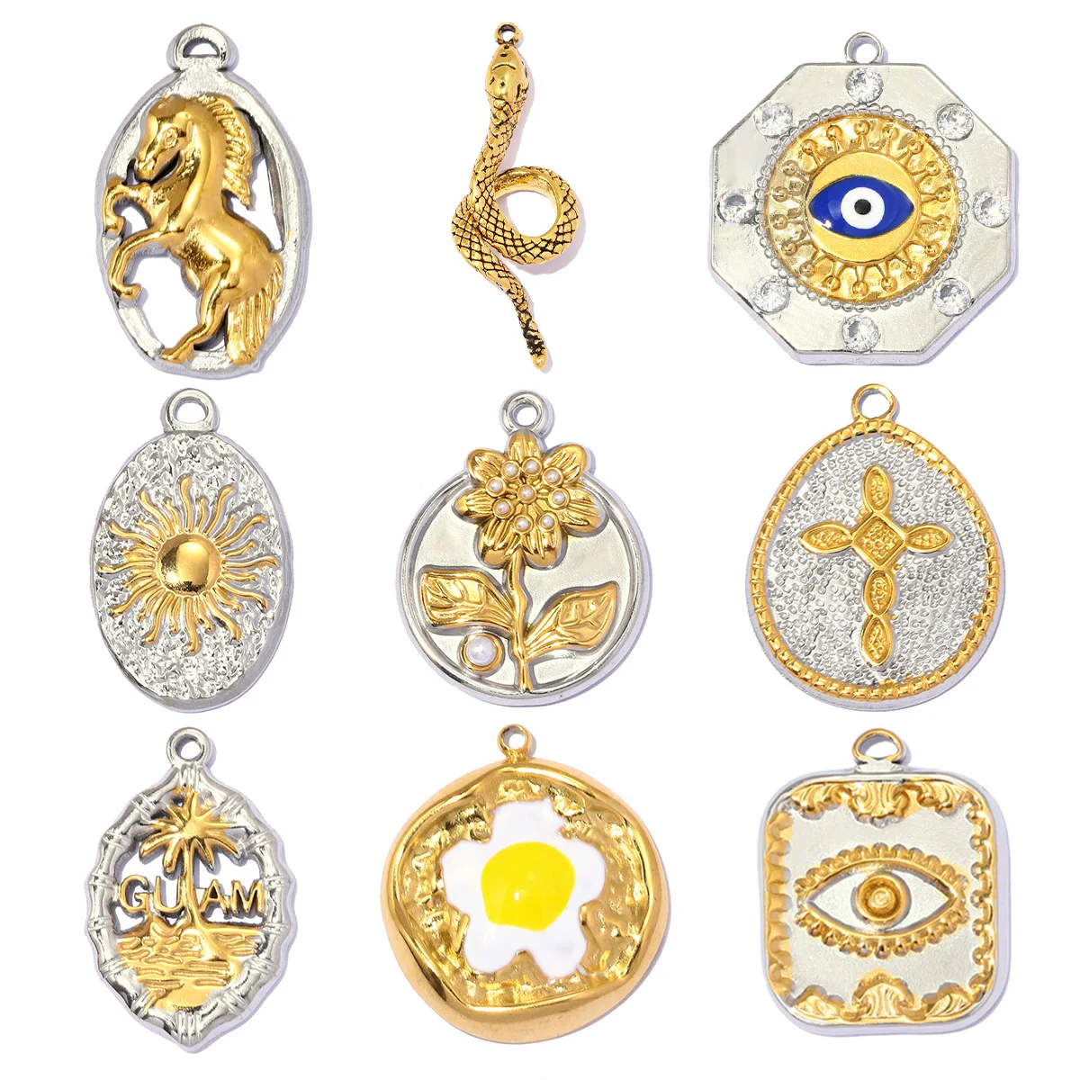 3pcs/Lot Stainless Steel Two Tone Flower Palm Guam DIY Charms Horse Snake Fried Egg Pendant Women Eye Sun Jewelry Wholesale