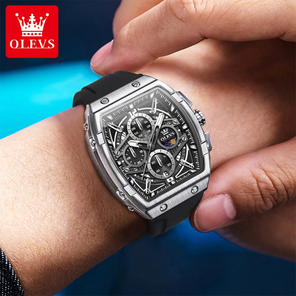 ساعة OLEVS 2975 للرجال Tonneau ساعة كبيرة الحجم مقاومة للماء بحزام سيليكون فاخر Moonphase كرونوغراف ساعة كوارتز رياضية للرجال