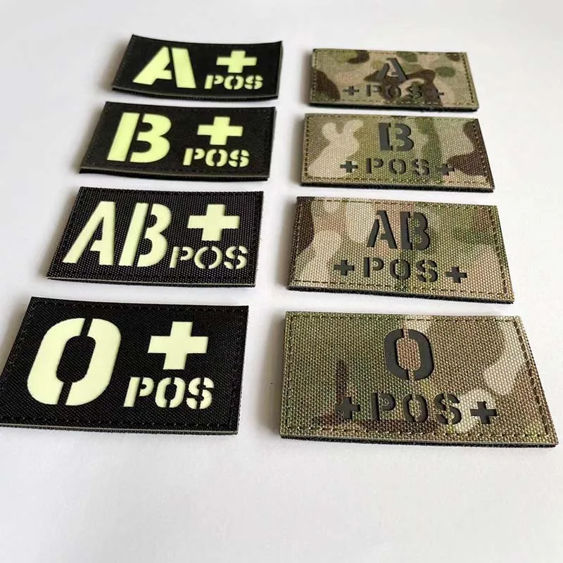 5*8.5CM Camouflage,Black Blood Group Patch Glow in the Dark,A+ B+ O+ AB+ POS Positive Hook Loop Patches,Military Tactical Badges