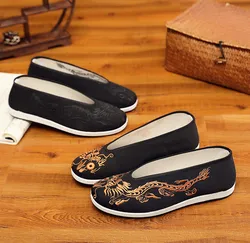 Old Beijing Pano Sapatos Homens Soft Sole Chinês Bordado Masculino Sapatos Estilo Chinês Dragão Preto Amarelo Boca Redonda Loafer Sapatos