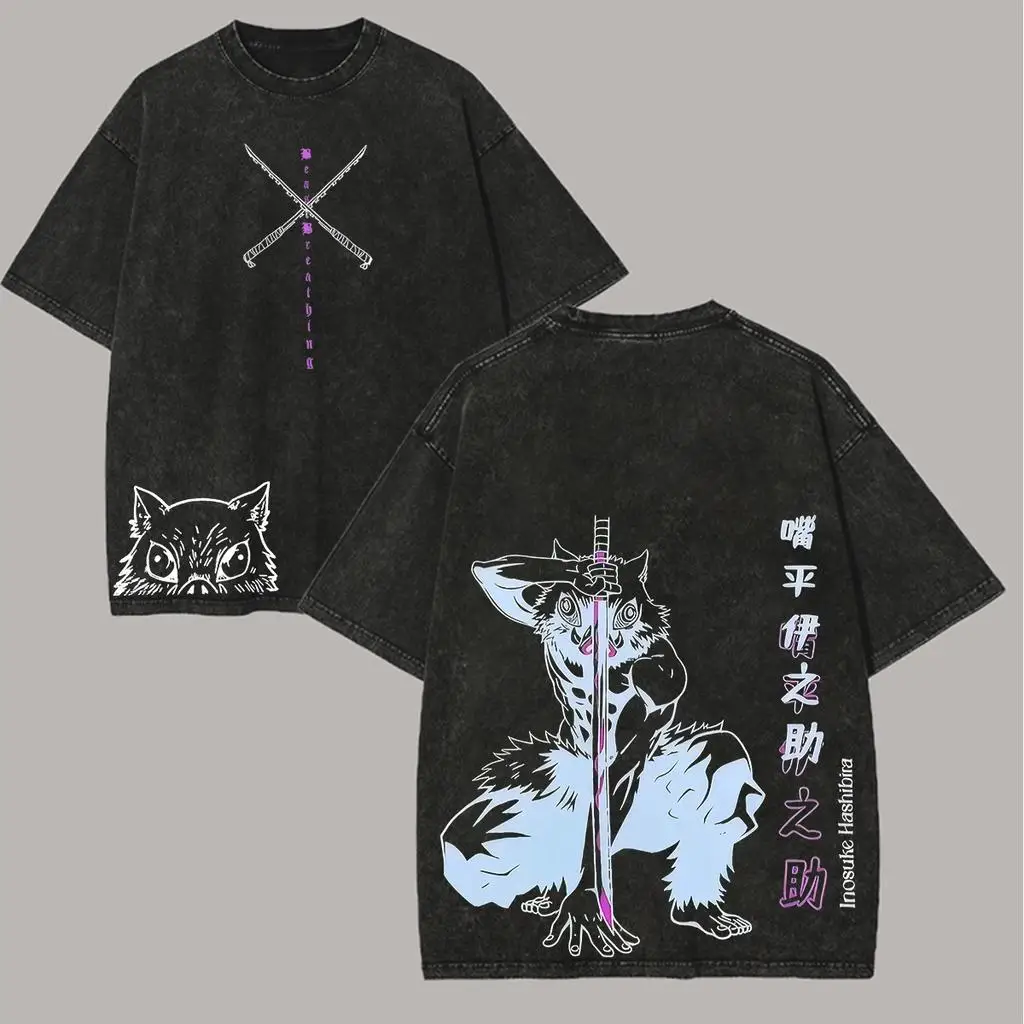 2026 New Inosuke Demon Slayer Graphic Quality T-Shirt Men and Women Cotton Vintage Washed Print Streetwear Gym Clothes