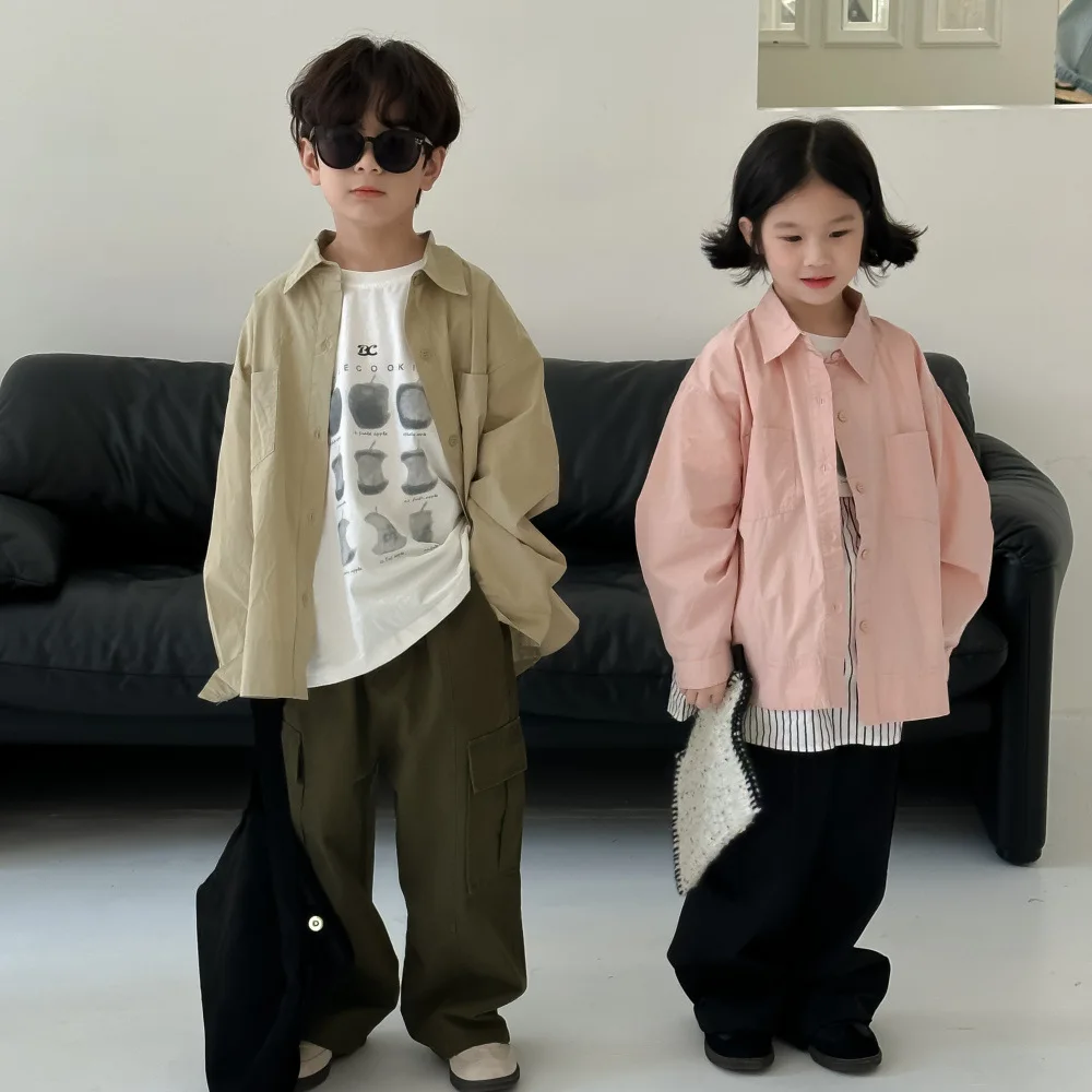 Blouses Shirt Autumn Boy Girl Korean Solid Color Children Clothing Loose Causal 2024 Tops Turn Down Collar Open Stitch