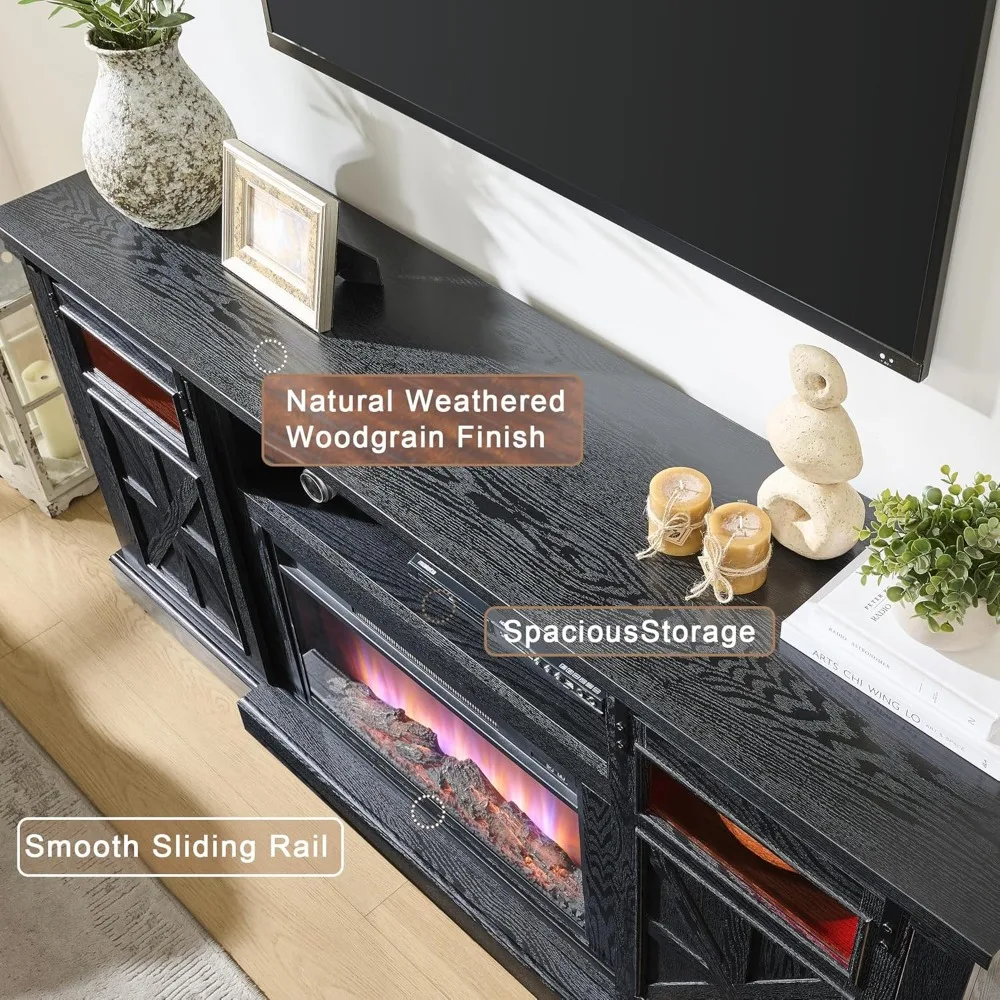 Centro de entretenimiento con chimenea eléctrica para televisores de 80 pulgadas, mesa consola de TV LED estilo granja de 32 altos