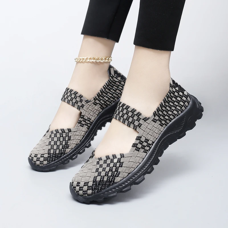 أحذية النساء الصيف المنسوجة أحذية رياضية الإناث أحذية مشي عادية الشقق اليدوية خفيفة الوزن المتسكعون للمرأة الانزلاق على سيدة الأحذية #2