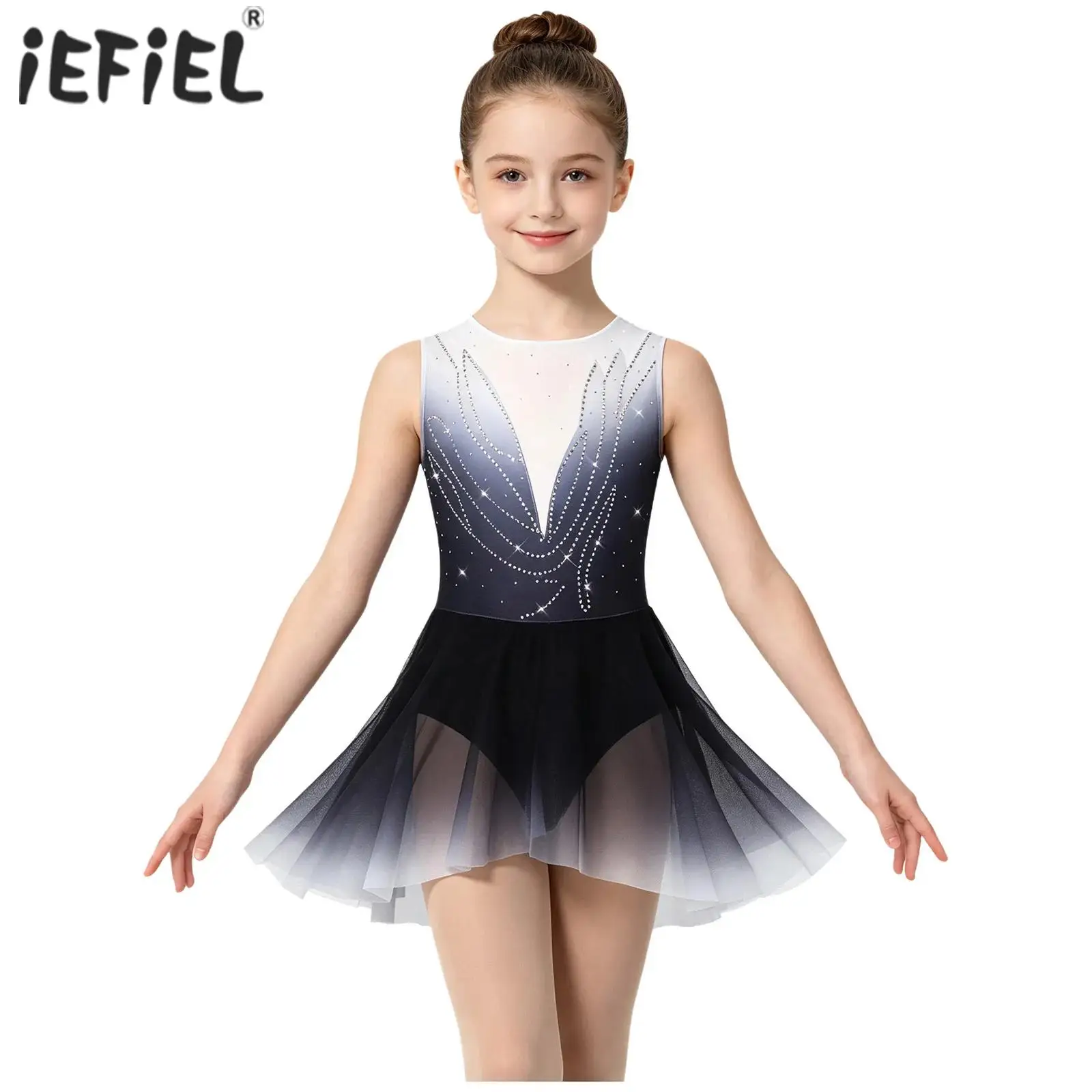 Girls Gymnastics Figure Skating Competition Dress Spark Rhinestone Decor Flowy Tulle Skirt Ballet Lyrical Dance Stage Costume