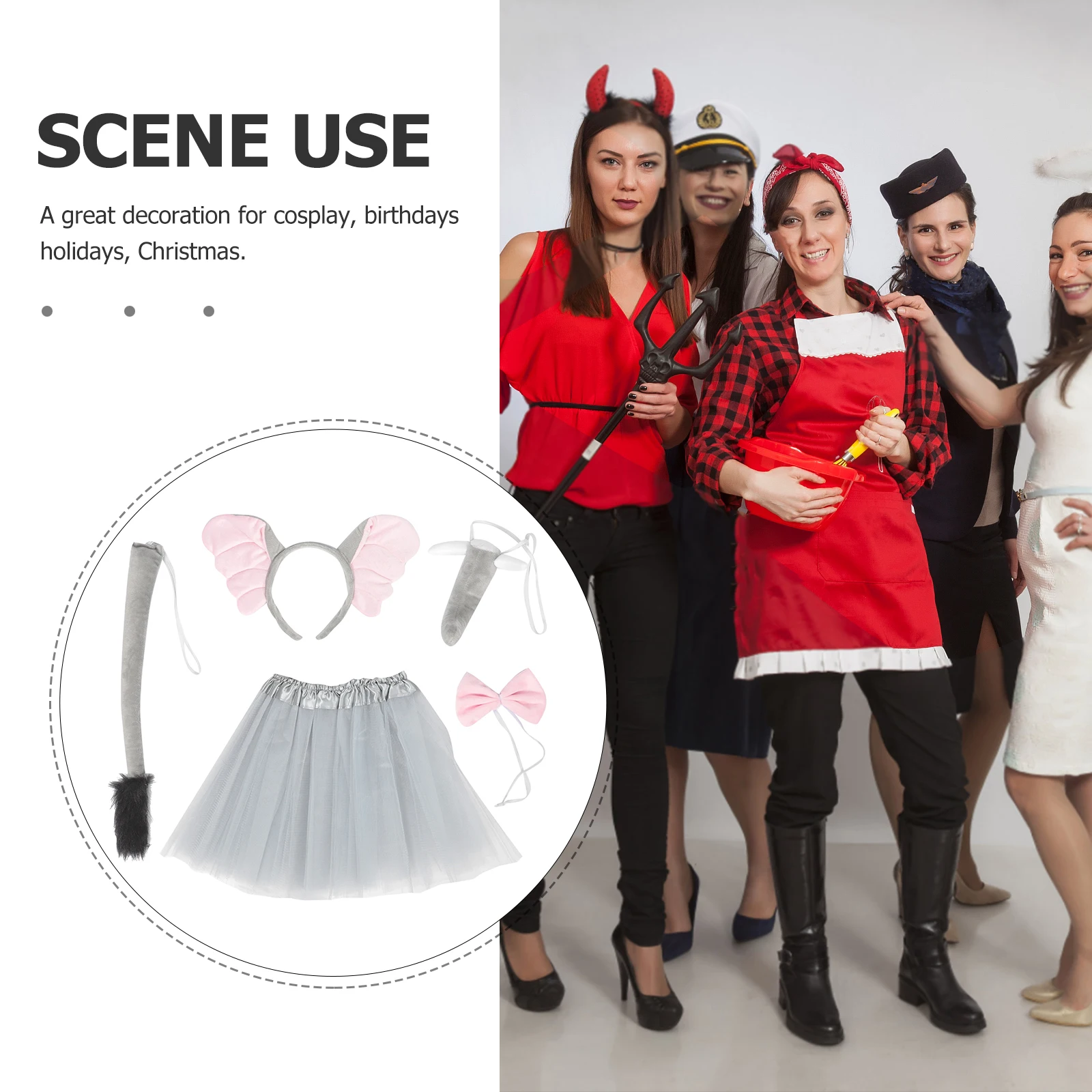 

1 set Elephant Headdress Set Costume Headband Animal Accessories Adult Fabric Headwear Ears Tail Gray Tulle Dress Smooth