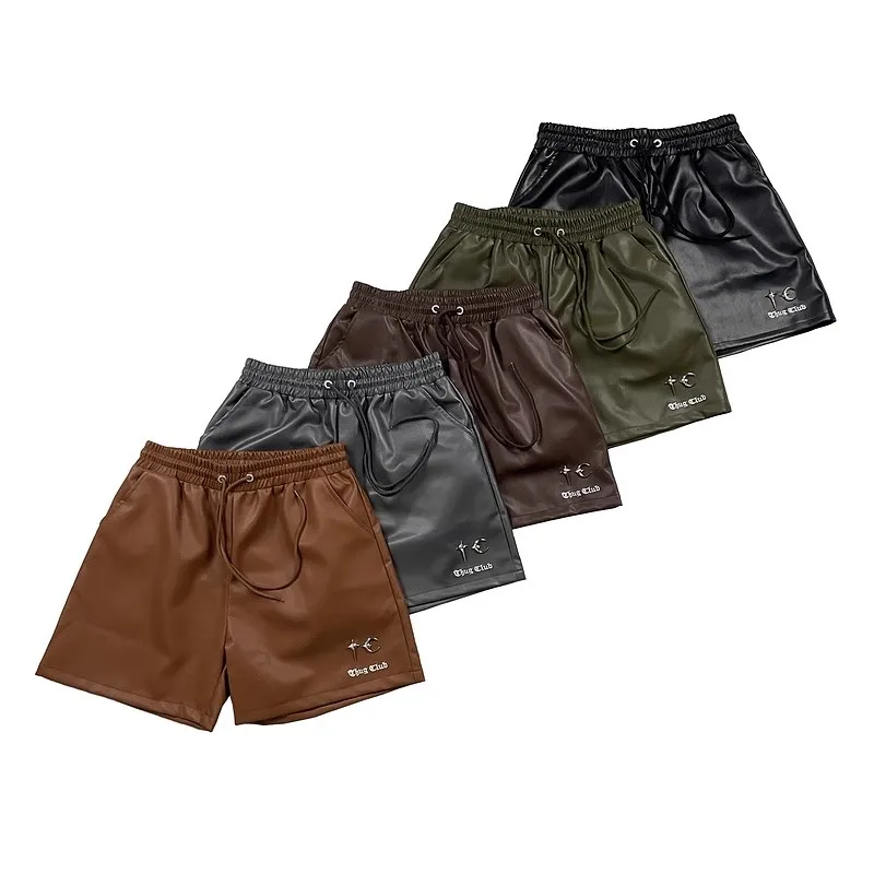 2024 Thug Club Street Summer Leisure Star Moon Metal Retro PU Leather Drawstring Shorts DK1054