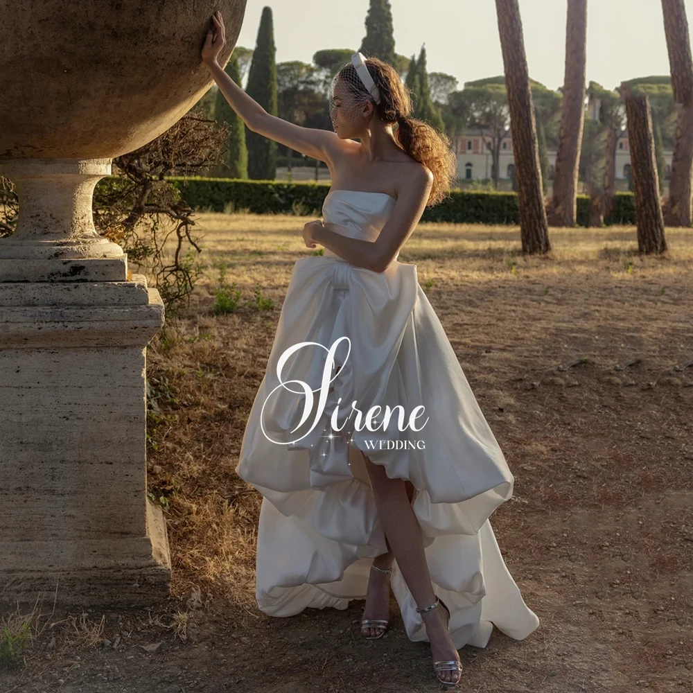 Sirene strapless trouwjurk mouwloze plooien hoog/laag eenvoudige ruches bruidjurk rugloze trian vestido de novia aangepast