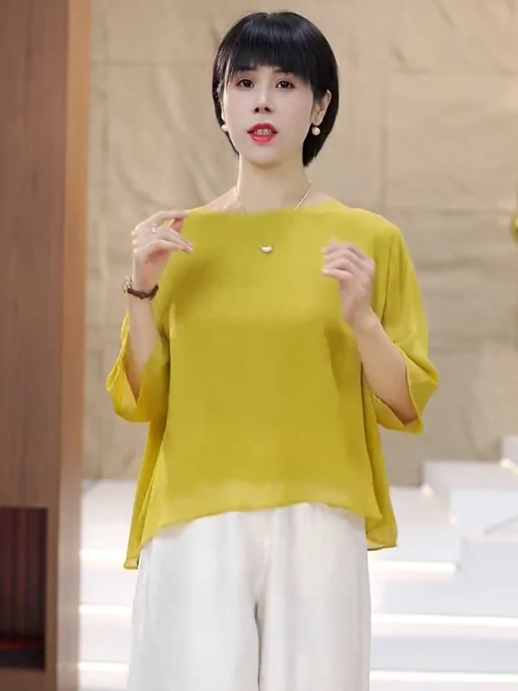 Camiseta de Verano para Mujer, Estilo Coreano, Talla Grande, Color Slimming, Cuello Redondo, Versátil y Cómoda