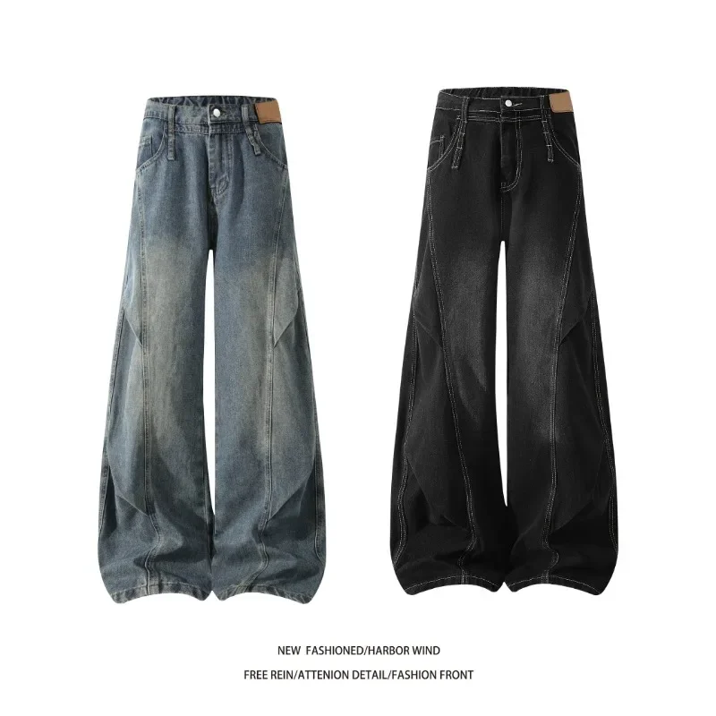 Men 2026 American Style Wide Leg Scimitar Jeans Contrast Stitch Spliced Pleated Design Loose Casual Long Denim Pants For Male