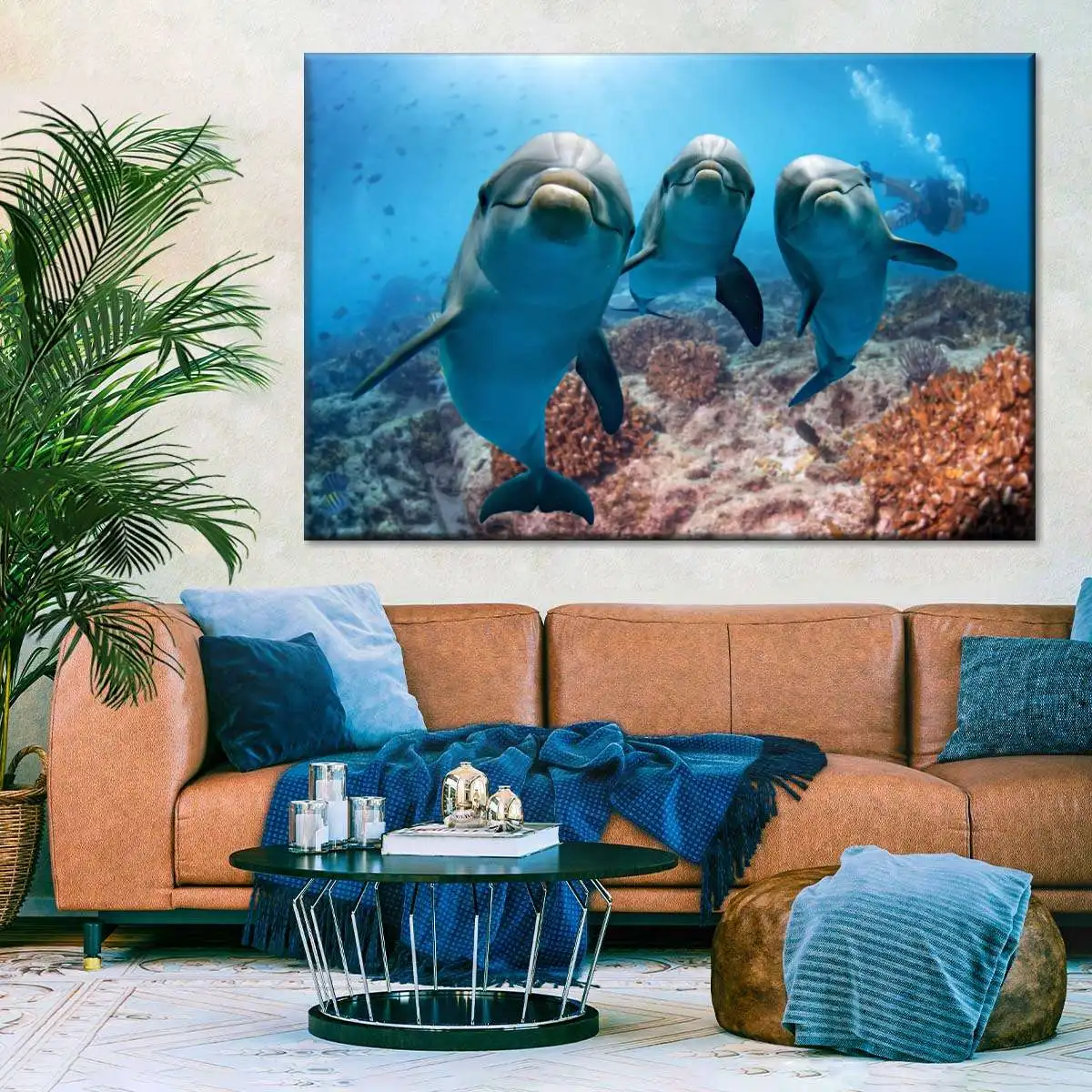 1pc, Three Bottlenose Dolphins Underwater Wall Art,  Marine Wildlife Poster, Unframed Canvas Print for Bedroom Home Decor