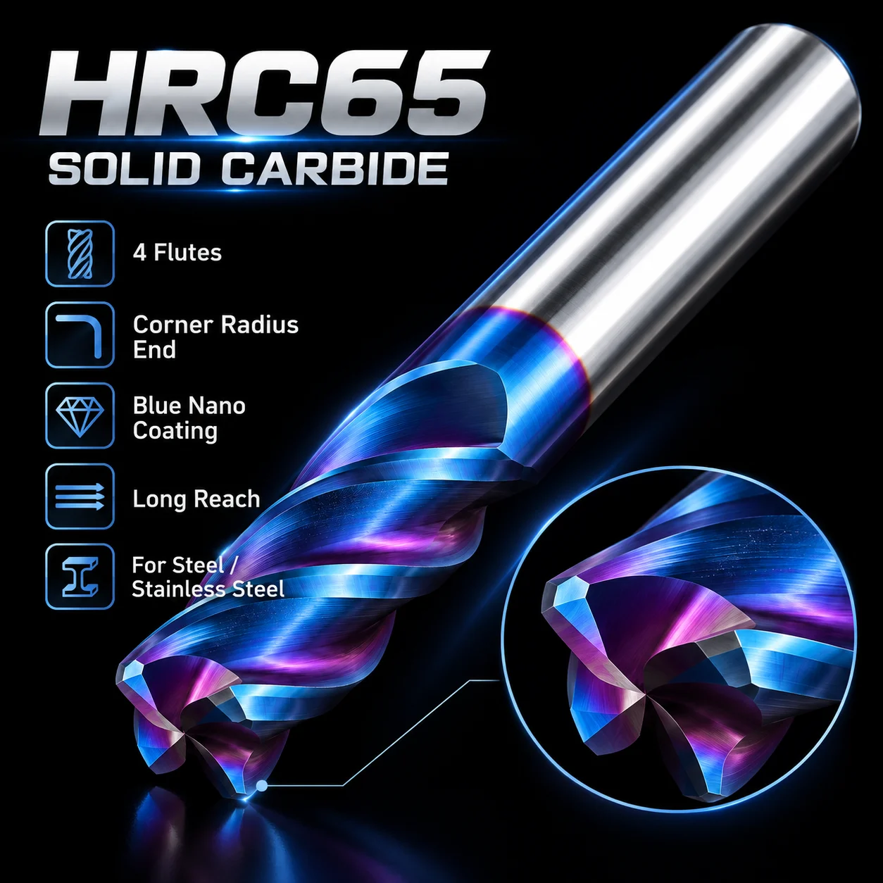 HRC65 4-Schneiden-Eckschaftfräser aus Vollhartmetall mit blauer Nano-Beschichtung, langreichweitig, CNC-Fräser, Bull Nose, für Stahl – Detail 3