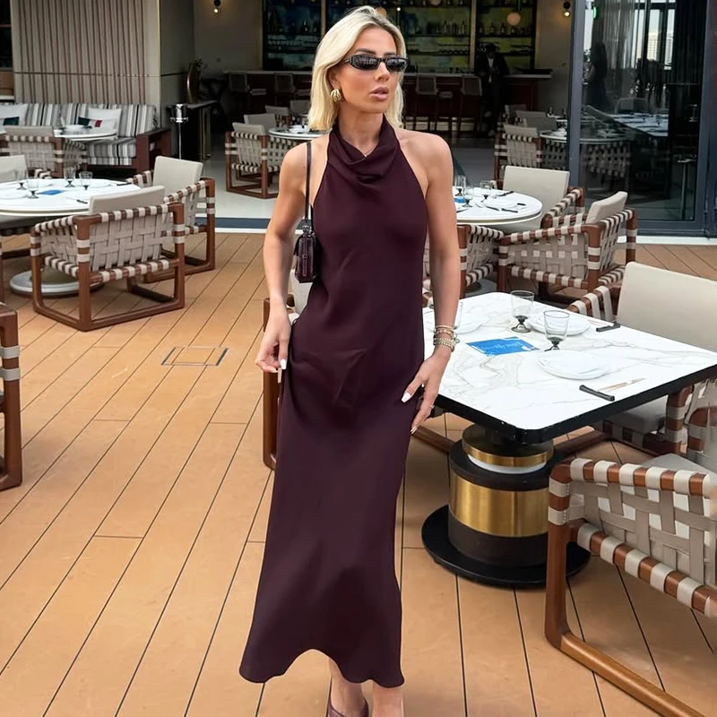 

Ticketsx Halter Neck Lace Up Slim Long Dress Women Backless Brown Ruched Midi Dress Summer Off Shoulder Party Evening Dress