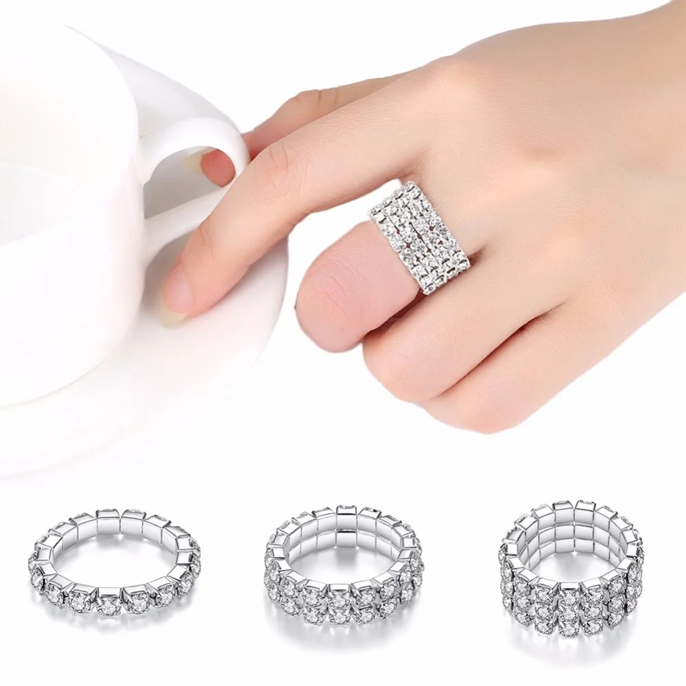 1pcs Hot Sale Fashion Style Elastic Silver Plated Tone 3 Row Crystal Rhinestone Finger Ring Toe Ring Bridal Jewelry