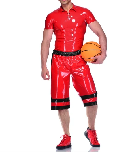 

Fetish Latex Rubber Uniform Men Rotes Shirt and Black Red Shorts Suit 0.4mm Size S-XXL Masquerade Party