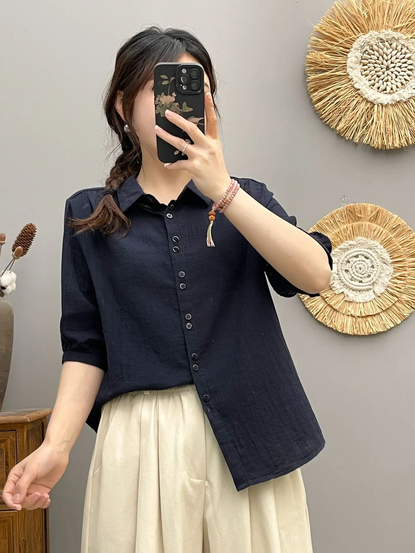 Korean Summer New Simple Short-sleeved Shirt for Women's Mid-sleeved Double-layer Cotton Yarn Soft and Casual