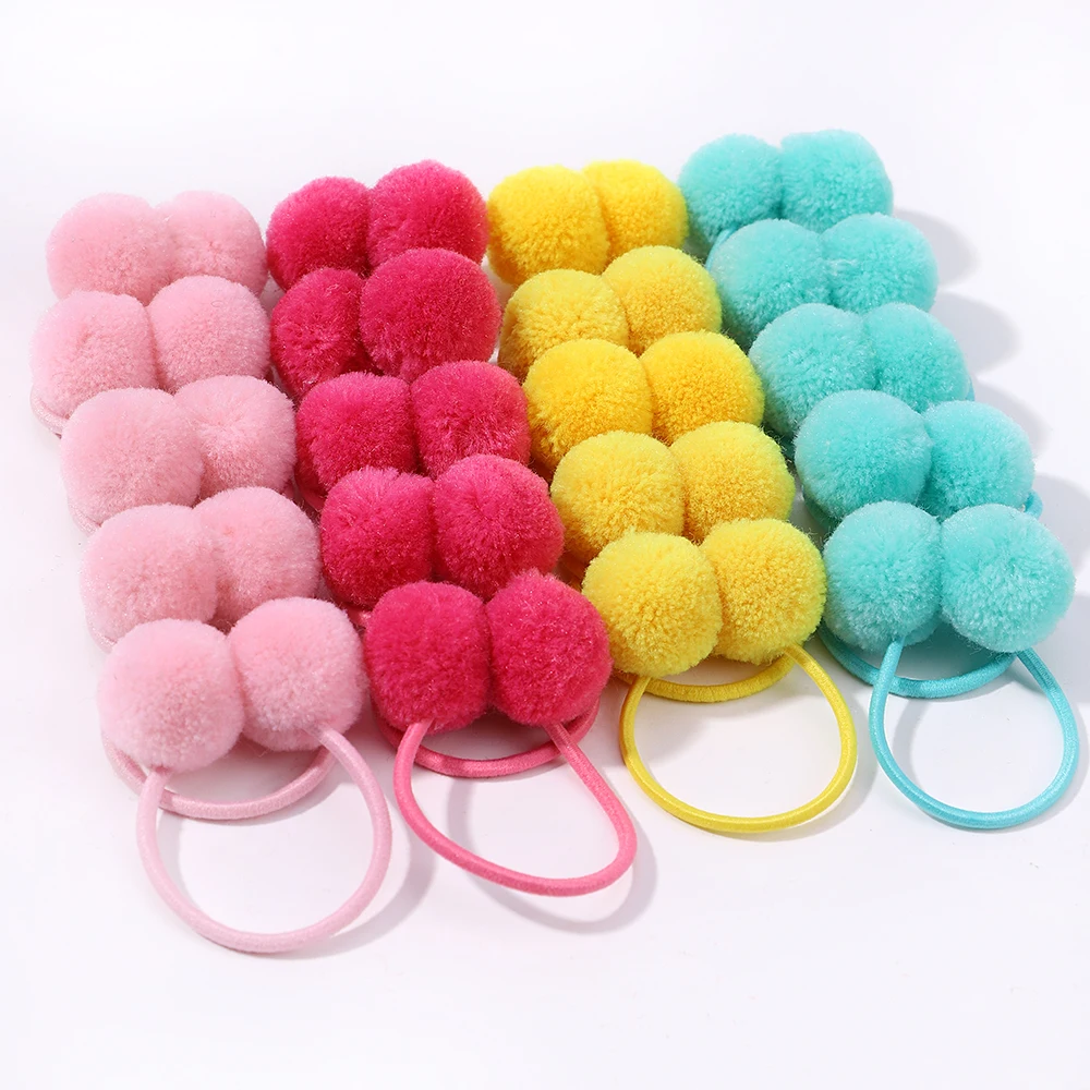 10Pcs Solid Double Plush Ball Elastic Hair Bands For Kids Girls Hair Ropes Ties Ponytail Headwear Hair Accessories Gift