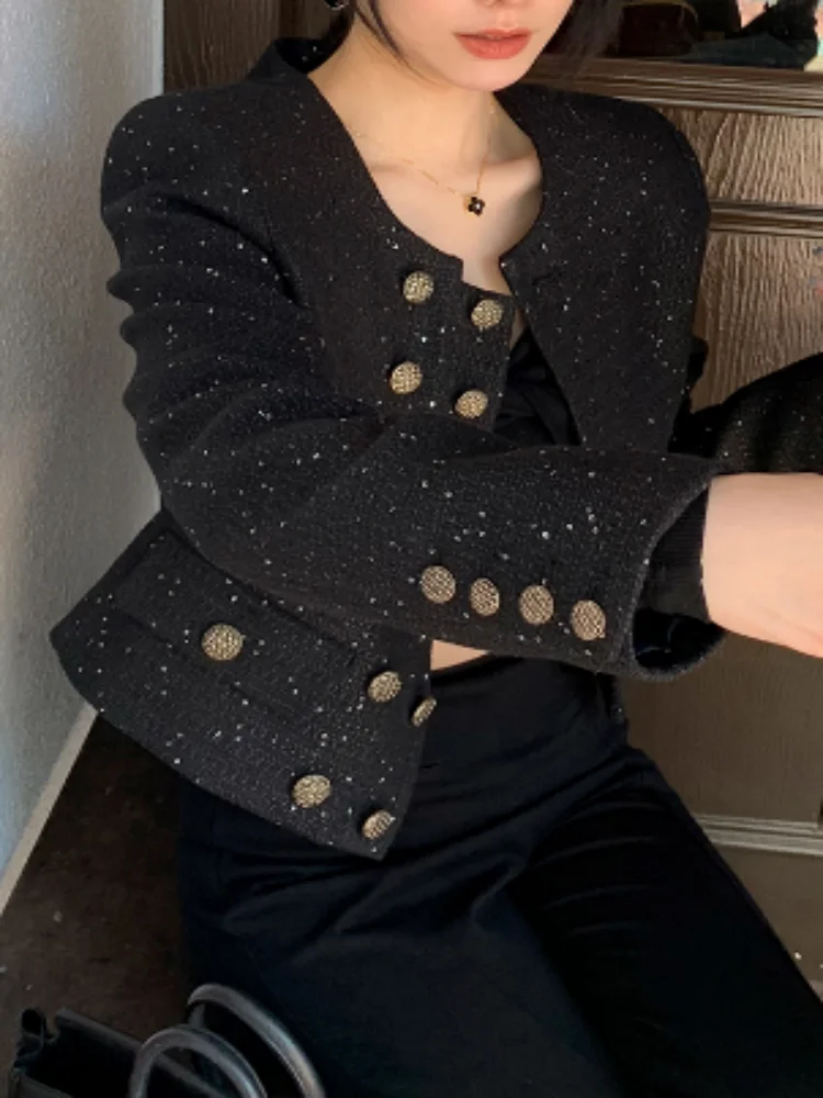

SMTHMA High Quality Women New Fashion Jackets Black Tweed Elegant Coats Ladies Spring Autumn Woolen Women Clothes
