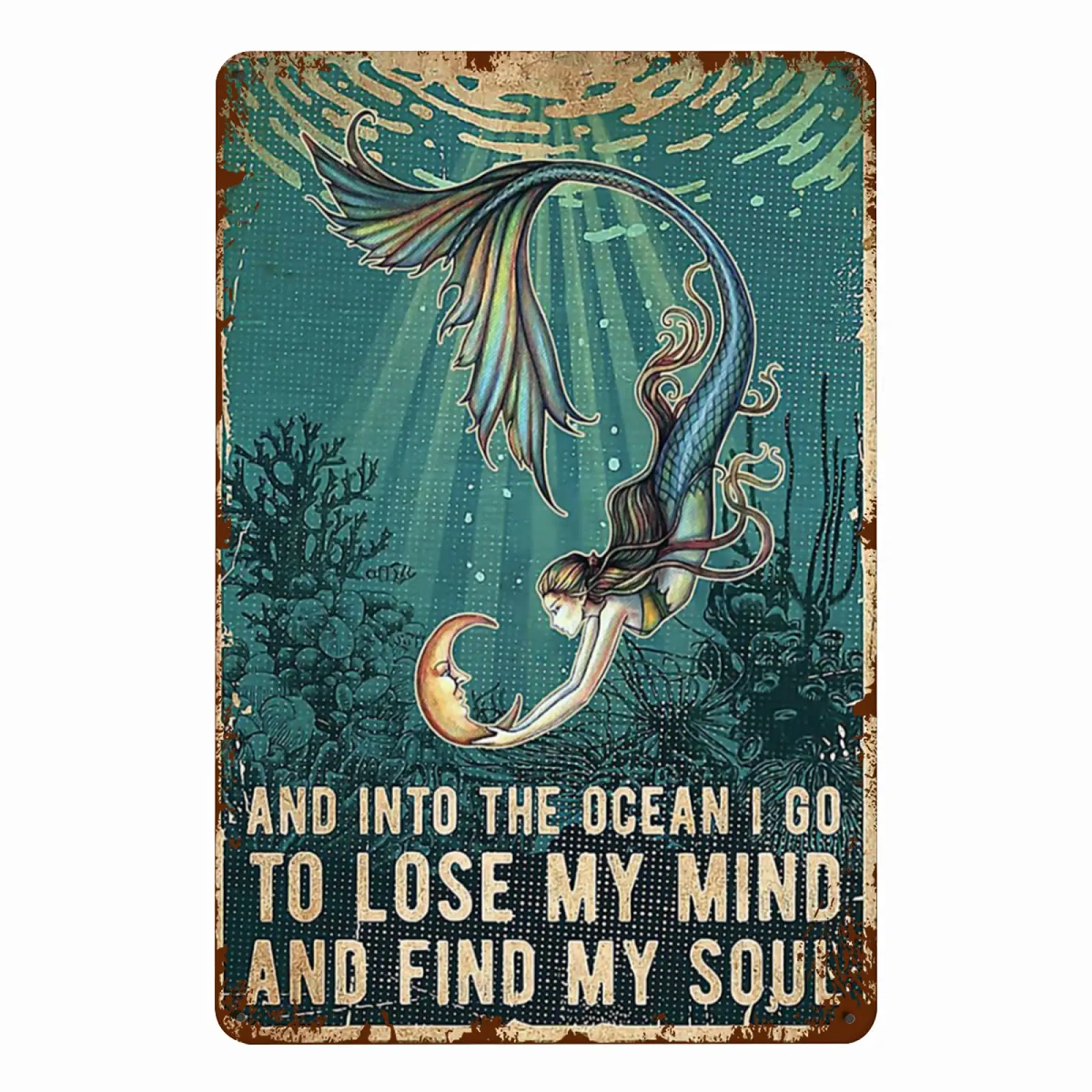 HSSM Mermind Retro Signs Scuba and Into The Ocean I Go to Lose My Mind and Find My Soul Poster Metal Sign Wall Decor for Bars,Re