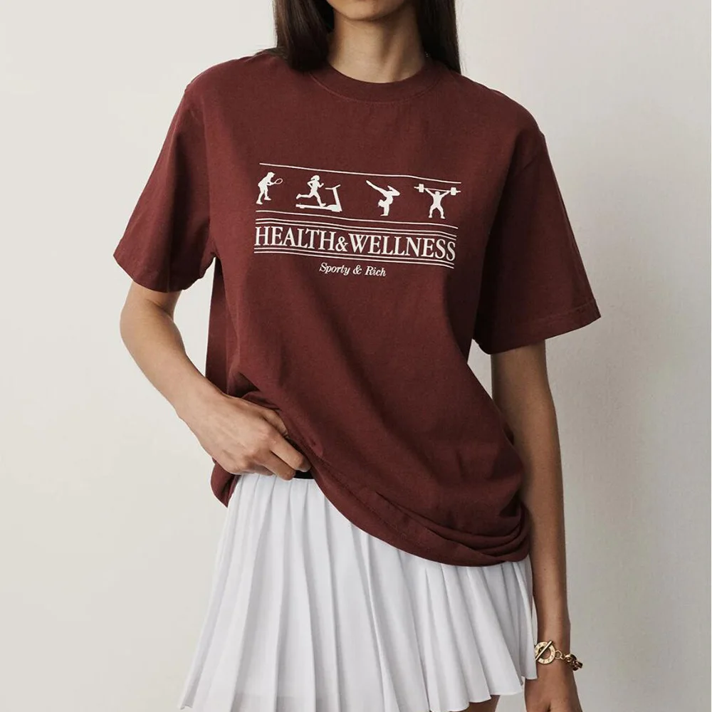 Health and Wellness Summer Letters Printing Vintage Style T Shirts Female Short Sleeve Loose Cotton Tops Ins Fashion 90's Tees