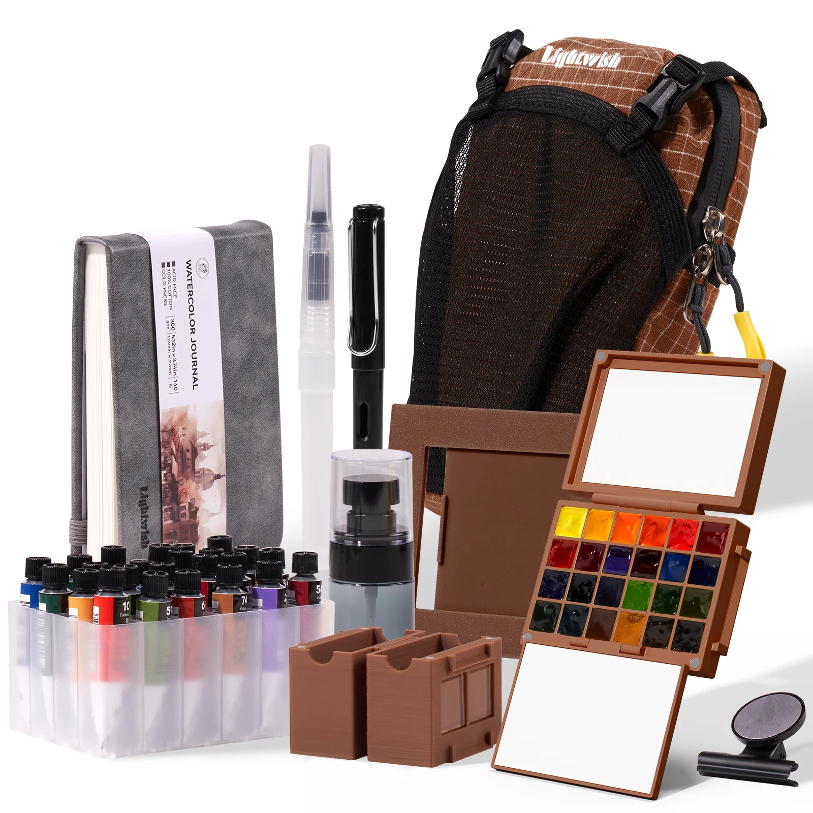 DarkWish Carnet De Voyage Aquarelle – Set 24 Couleurs (6 Métalliques) – Papier 300g – Étui Cuir PU – Pinceau Réservoir