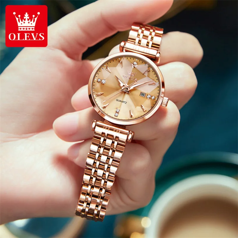 OLEVS 2026 New Luxury Women Quartz Watches Rose Gold Stainless Steel Strap Waterproof Watch Ladies Fashion Rhombus Glass Watch